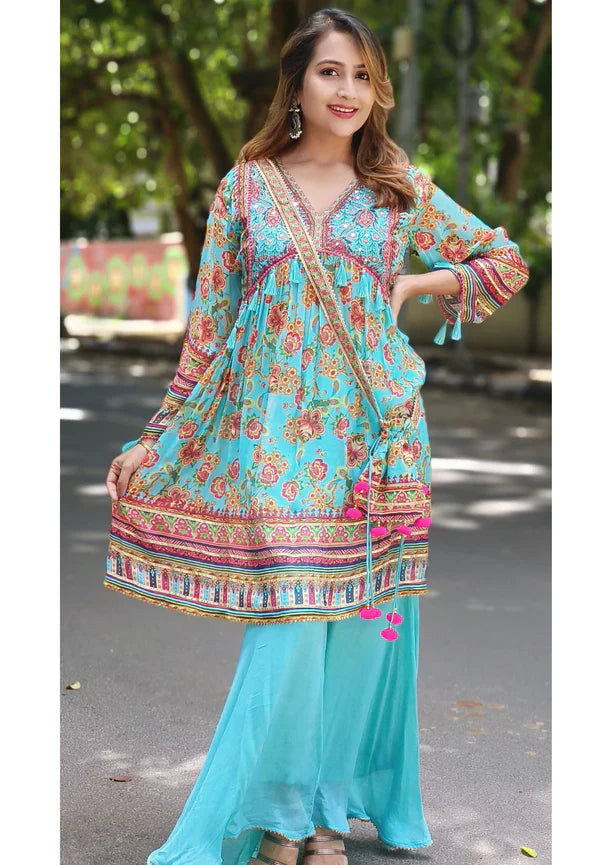 Chiffon Printed Kurta With Sharara