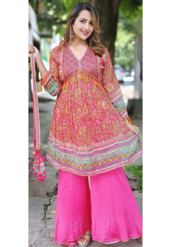 Chiffon Printed Kurta With Sharara