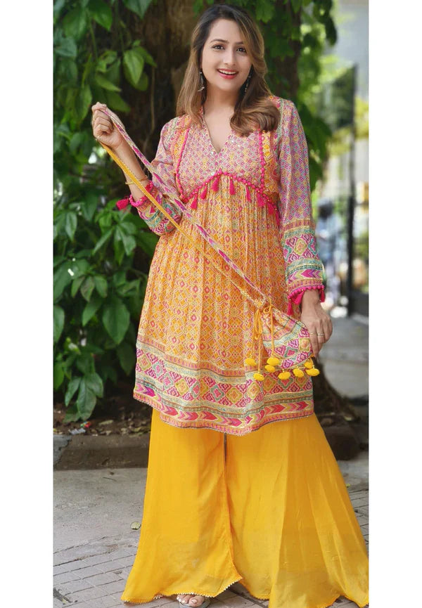 Chiffon Printed Kurta With Sharara