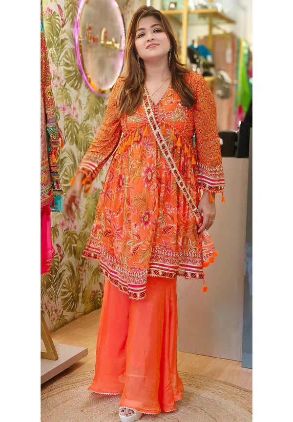 Chiffon Printed Kurta With Sharara