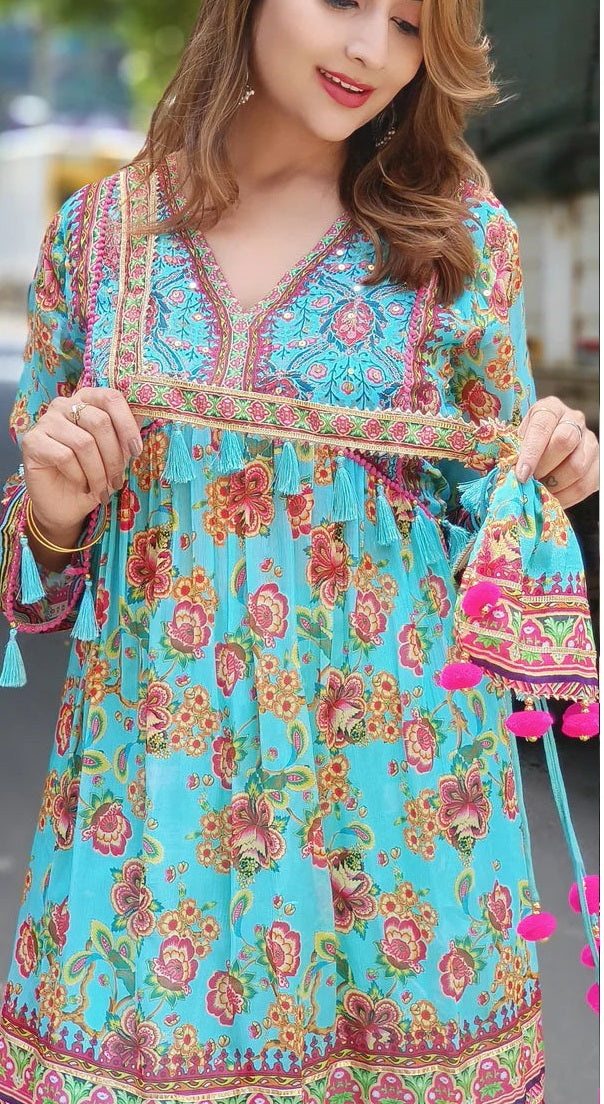 Chiffon Printed Kurta With Sharara