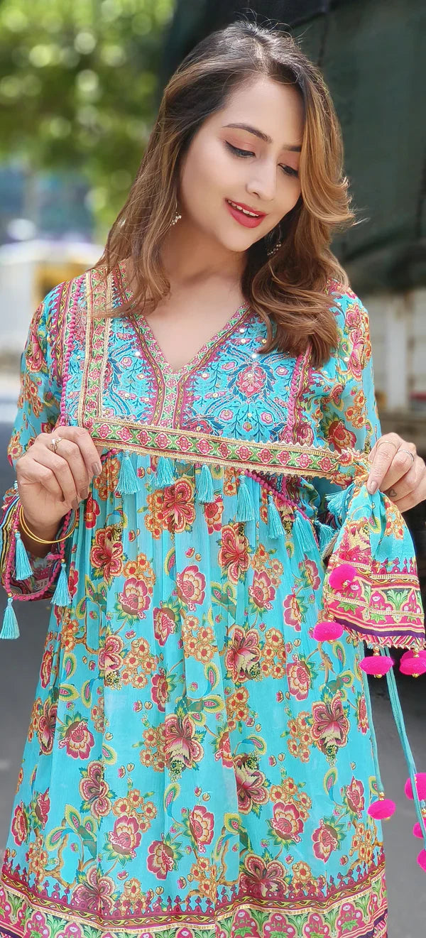 Chiffon Printed Kurta With Sharara