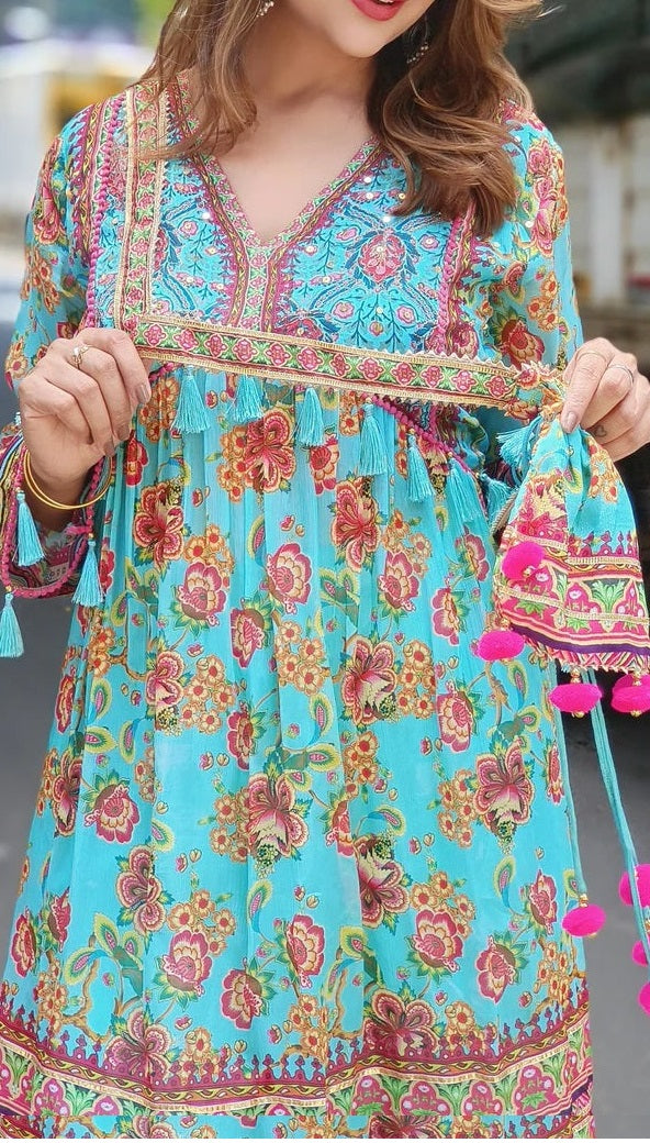 Chiffon Printed Kurta With Sharara