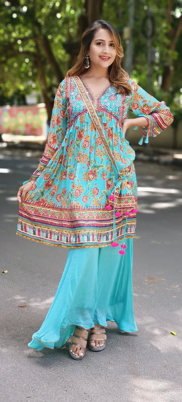 Chiffon Printed Kurta With Sharara