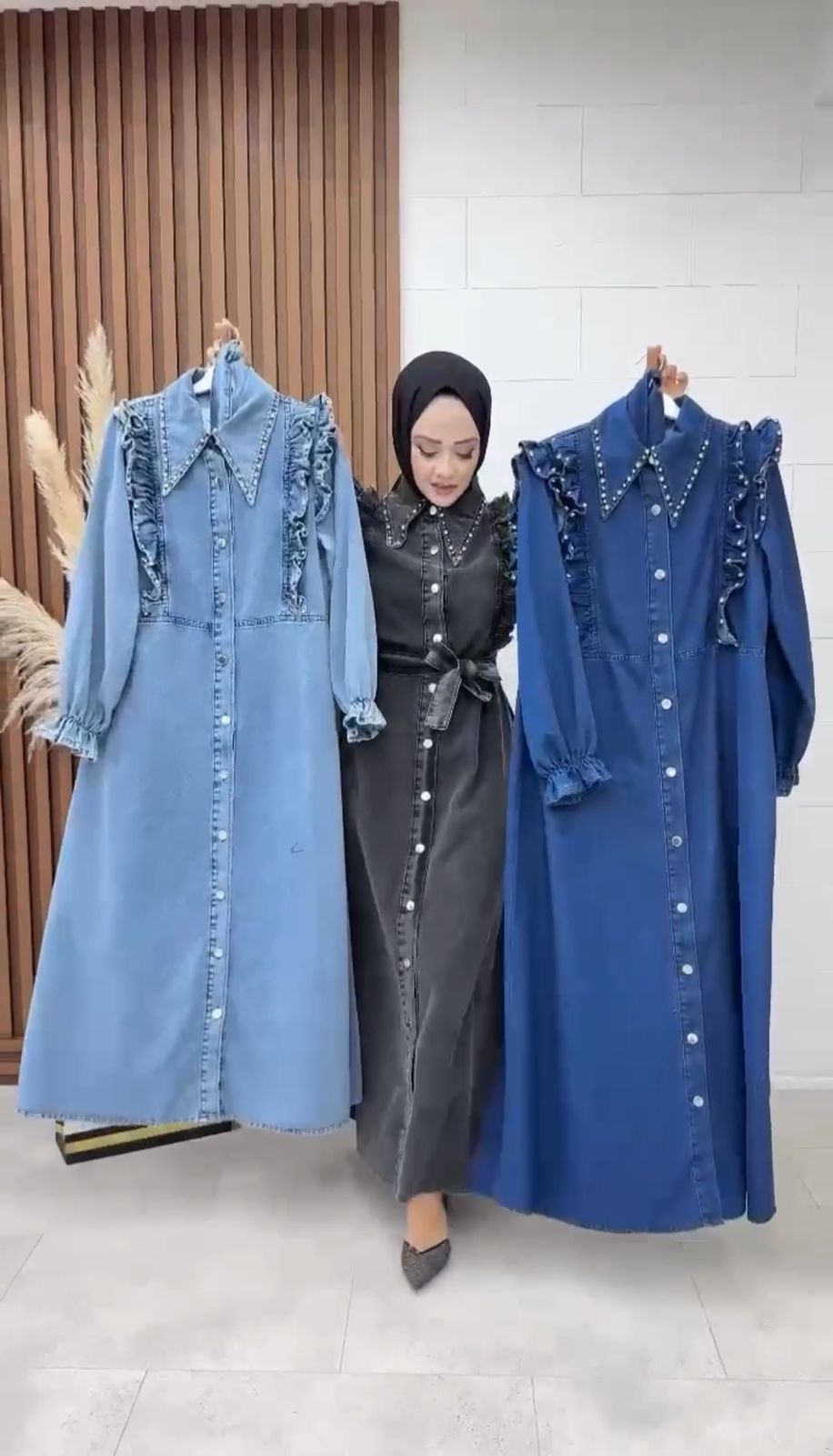 Pack Of 3 Denim Button Abaya