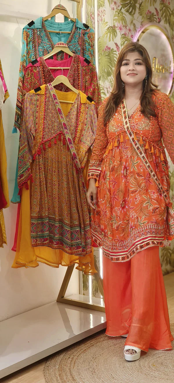 Chiffon Printed Kurta With Sharara